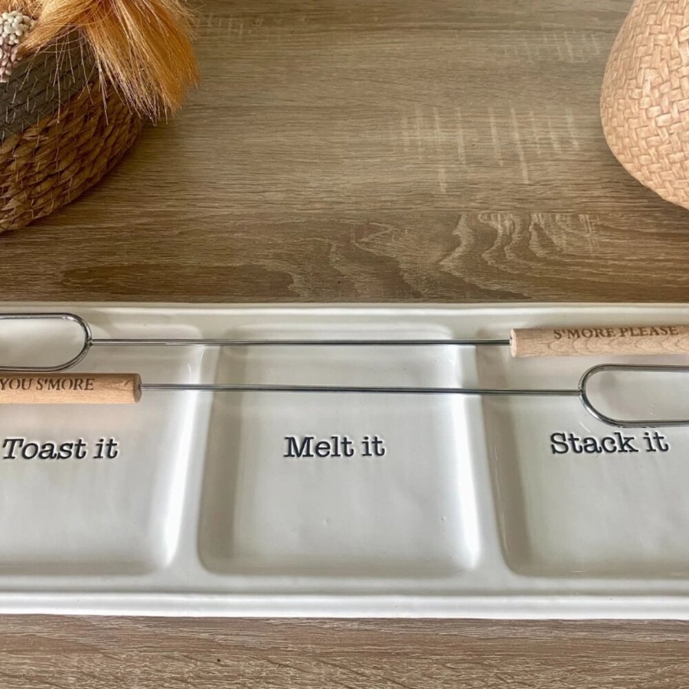 Mud Pie Smores Tray Set 6 1/4 x 16 Skewer 15 White New Ceramic Food Tray